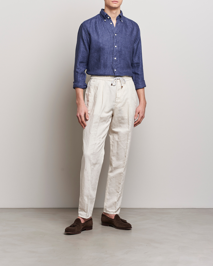 Mies | Kauluspaidat | Eton | Slim Fit Linen Button Down Shirt Navy Blue