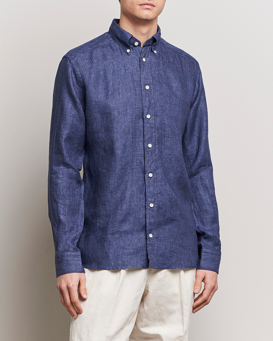 Mies | Kauluspaidat | Eton | Slim Fit Linen Button Down Shirt Navy Blue