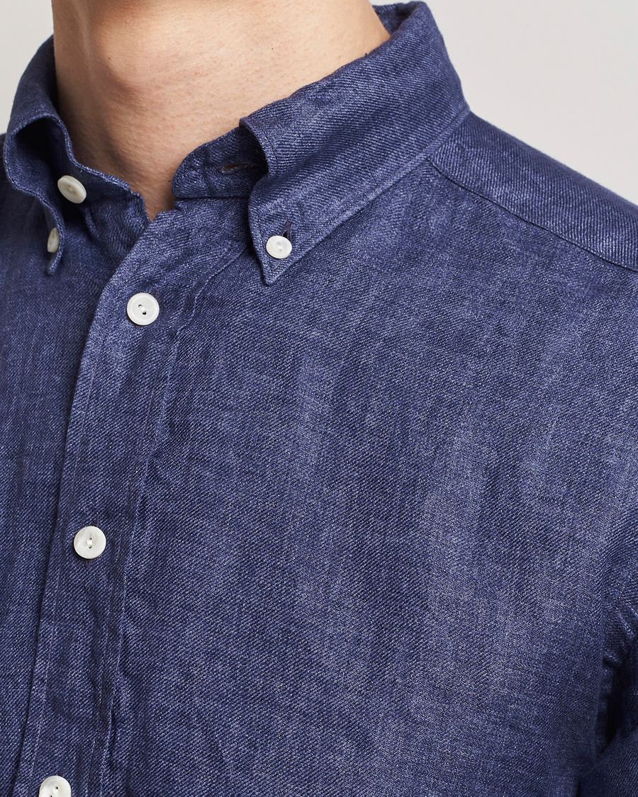 Mies | Kauluspaidat | Eton | Slim Fit Linen Button Down Shirt Navy Blue