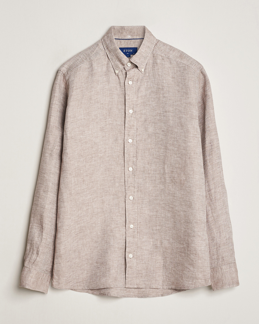 Mies | Kauluspaidat | Eton | Slim Fit Linen Button Down Shirt Brown