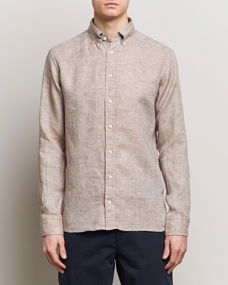 Mies | Rennot | Eton | Slim Fit Linen Button Down Shirt Brown
