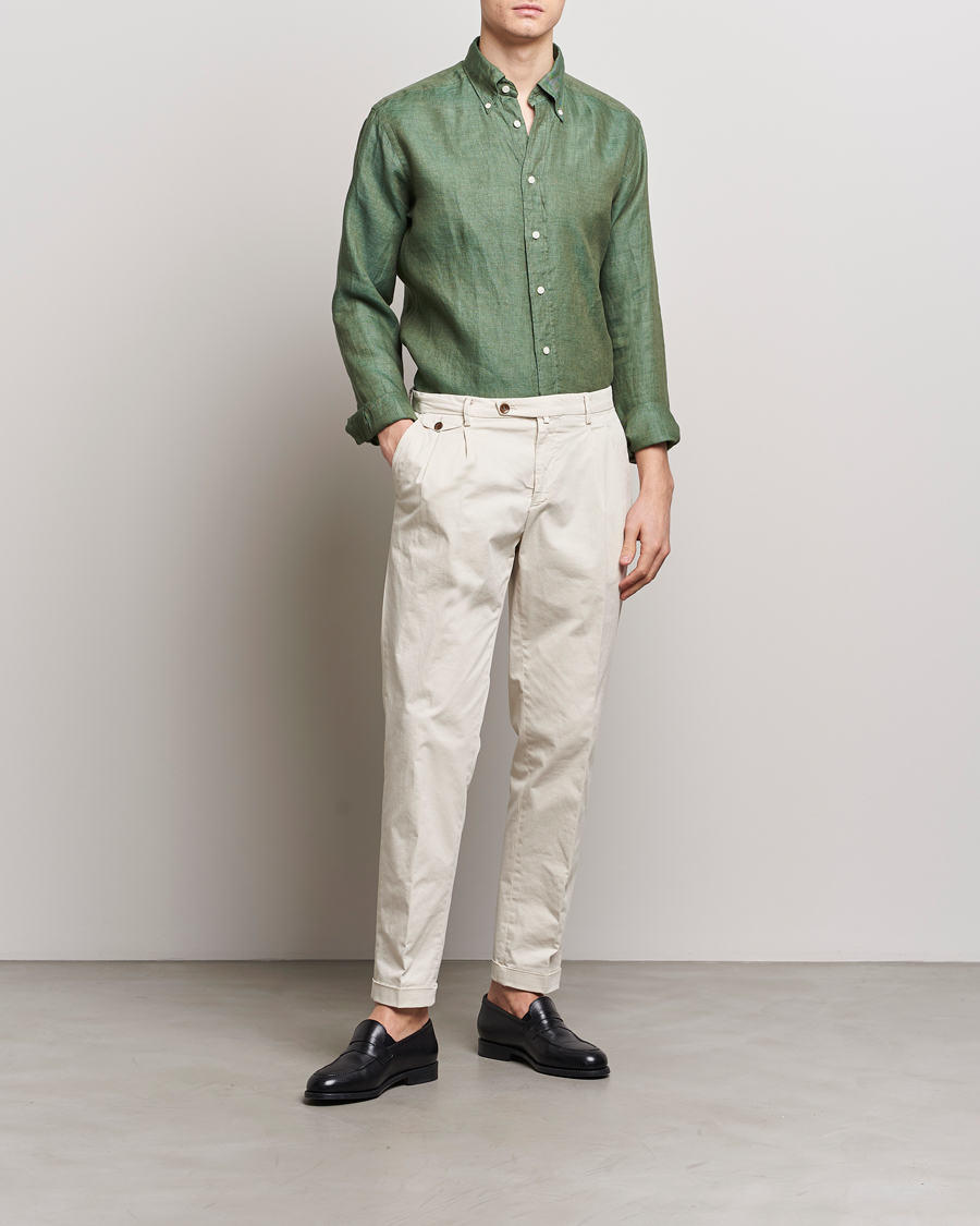 Mies |  | Eton | Slim Fit Linen Button Down Shirt Dark Green