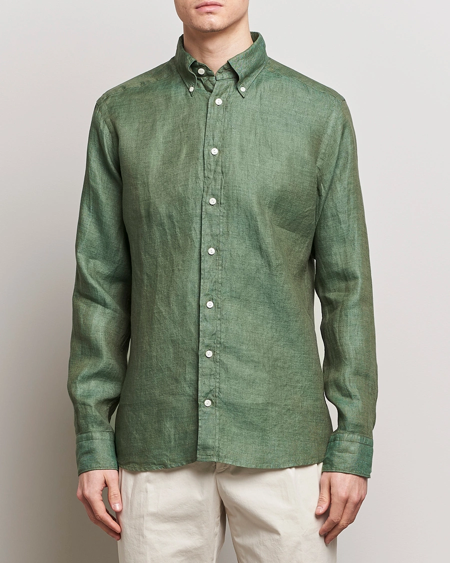 Herr |  | Eton | Slim Fit Linen Button Down Shirt Dark Green