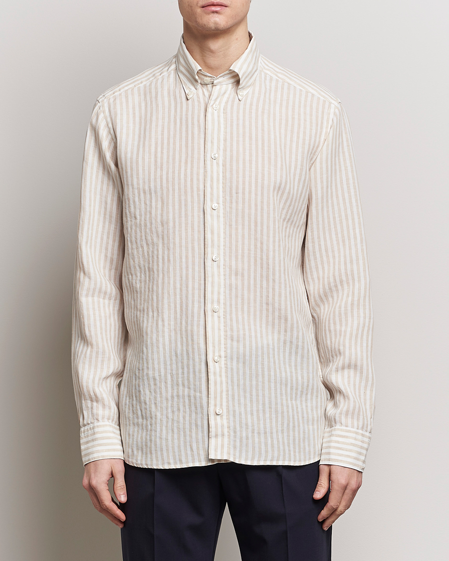 Mies |  | Eton | Slim Fit Striped Linen Shirt Beige/White