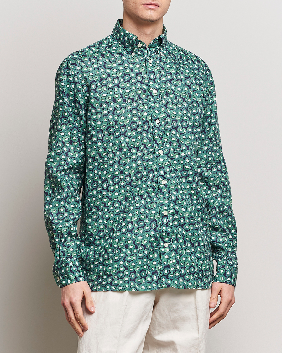Mies | Rennot | Eton | Contemporary Fit Printed Linen Shirt Green Kiwi