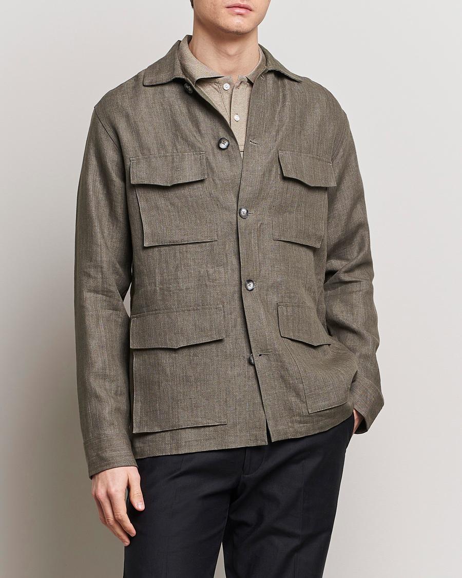 Mies | Muodolliset takit | Eton | Heavy Linen Drawstring Field Jacket Dark Green