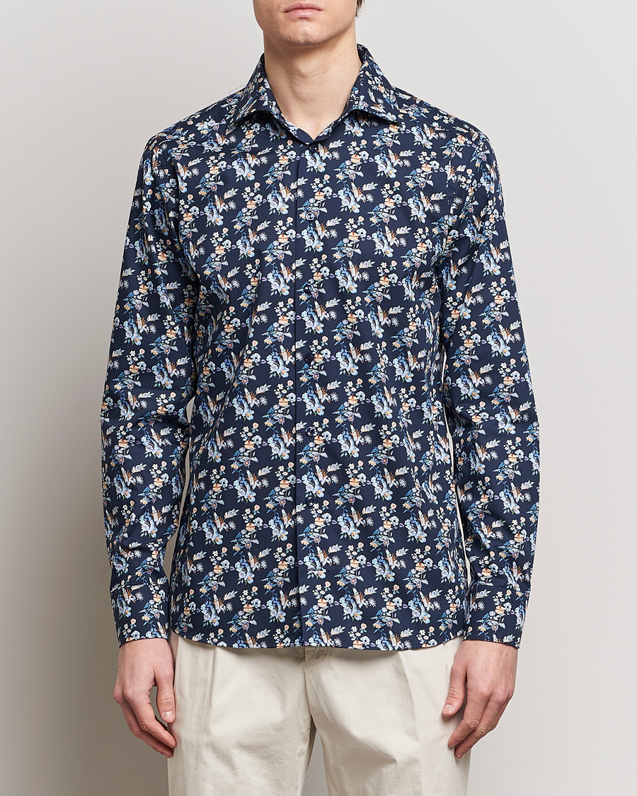 Mies | Bisnespaidat | Eton | Slim Fit Twill Printed Flower Shirt Navy Blue
