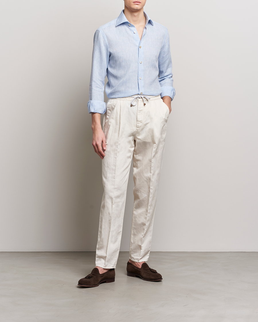 Mies | Kauluspaidat | Kiton | Linen Sport Shirt Light Blue