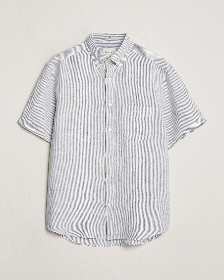 Mies | Kauluspaidat | GANT | Regular Fit Striped Linen Short Sleeve Shirt White/Blue
