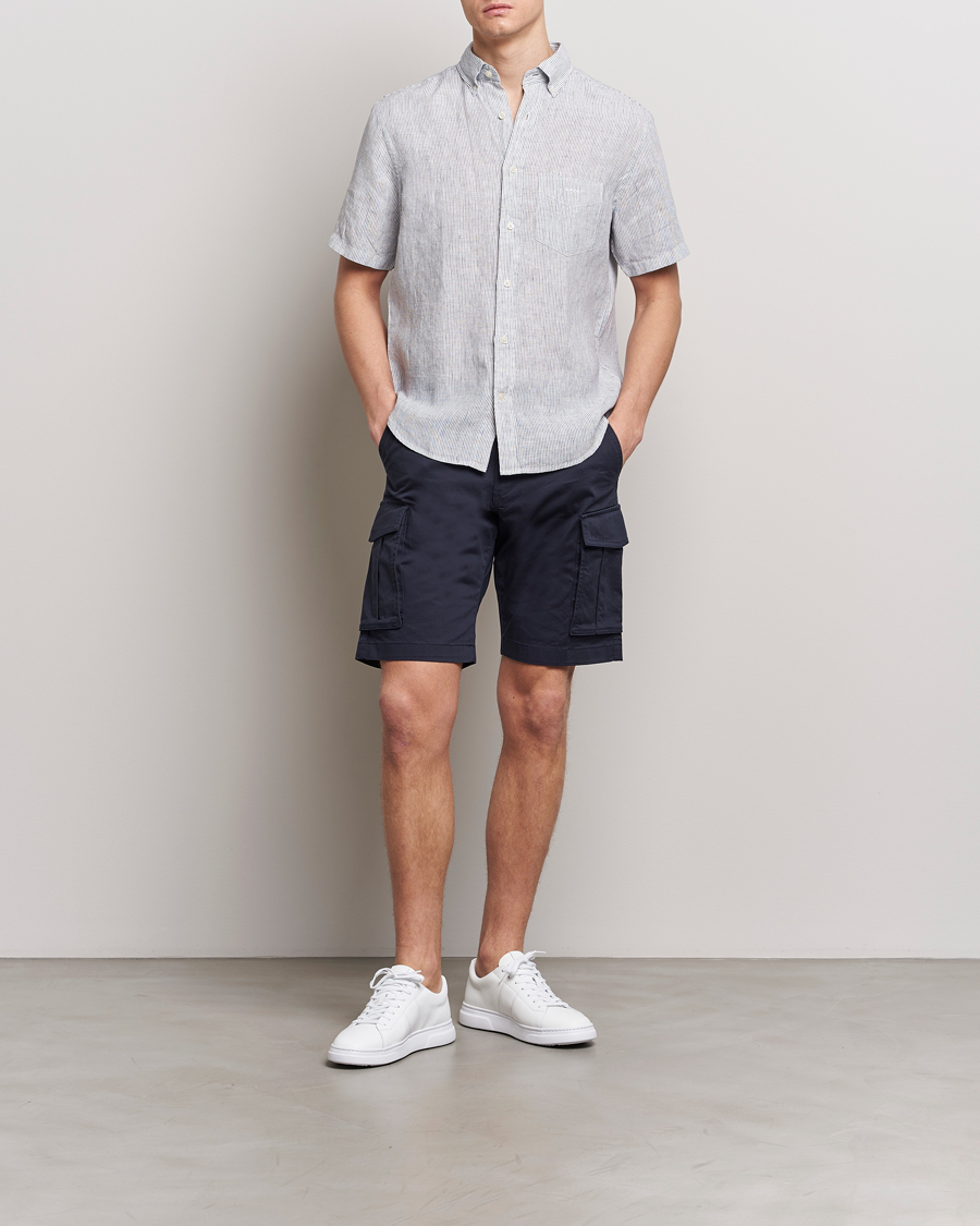 Mies | Kauluspaidat | Gant | Regular Fit Striped Linen Short Sleeve Shirt White/Blue