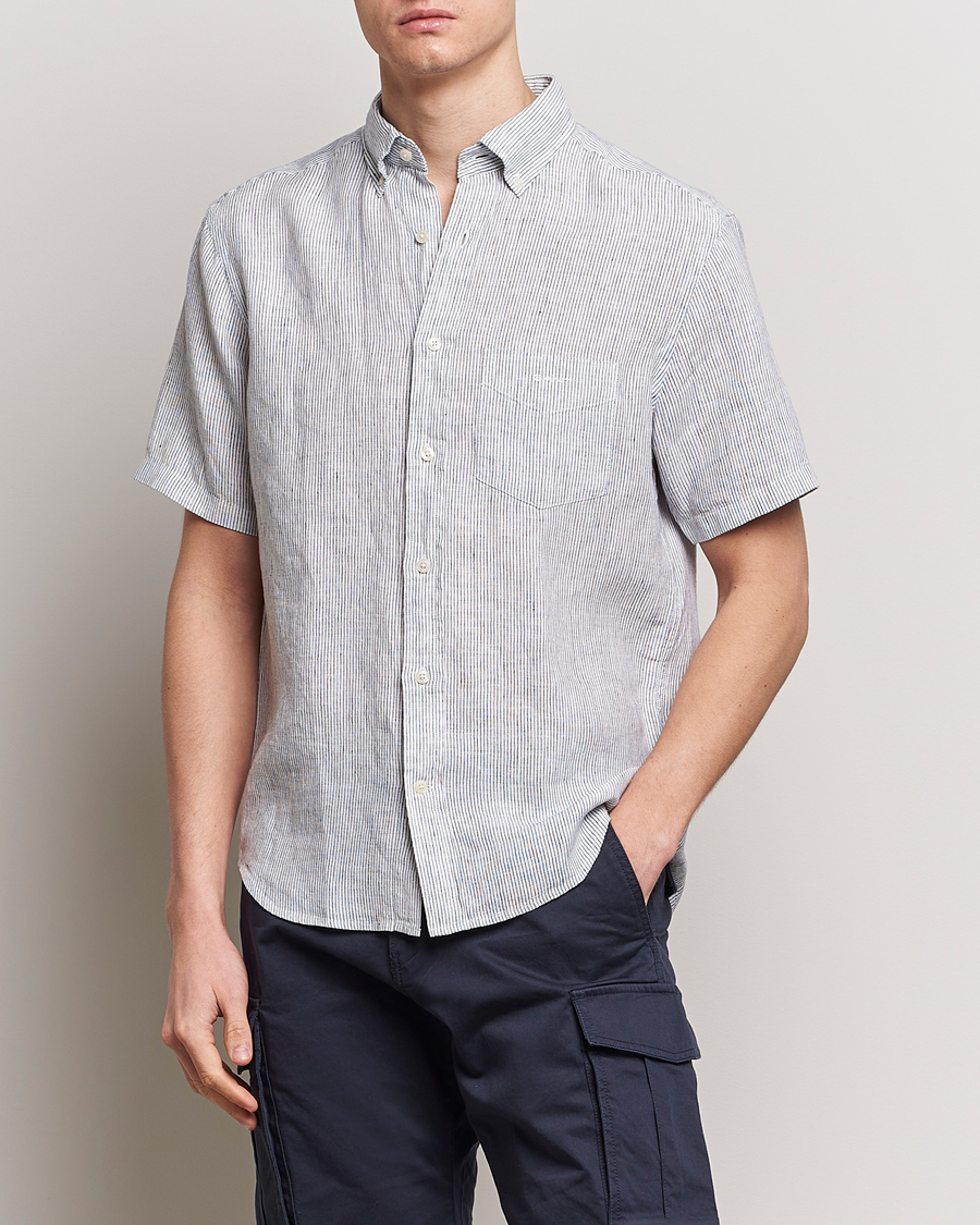 Mies | Kauluspaidat | GANT | Regular Fit Striped Linen Short Sleeve Shirt White/Blue