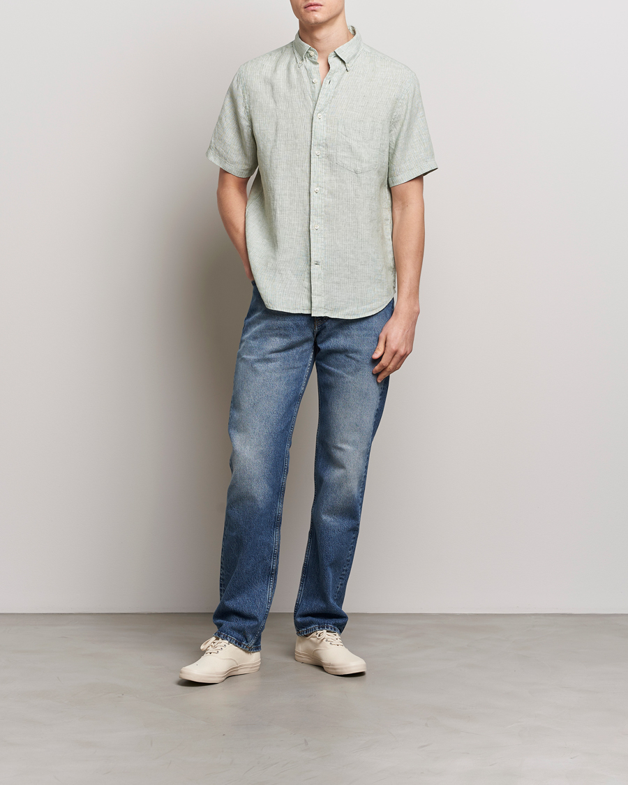 Mies | Kauluspaidat | Gant | Regular Fit Striped Linen Short Sleeve Shirt Green/White