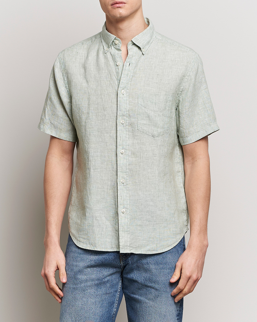 Mies | Kauluspaidat | Gant | Regular Fit Striped Linen Short Sleeve Shirt Green/White