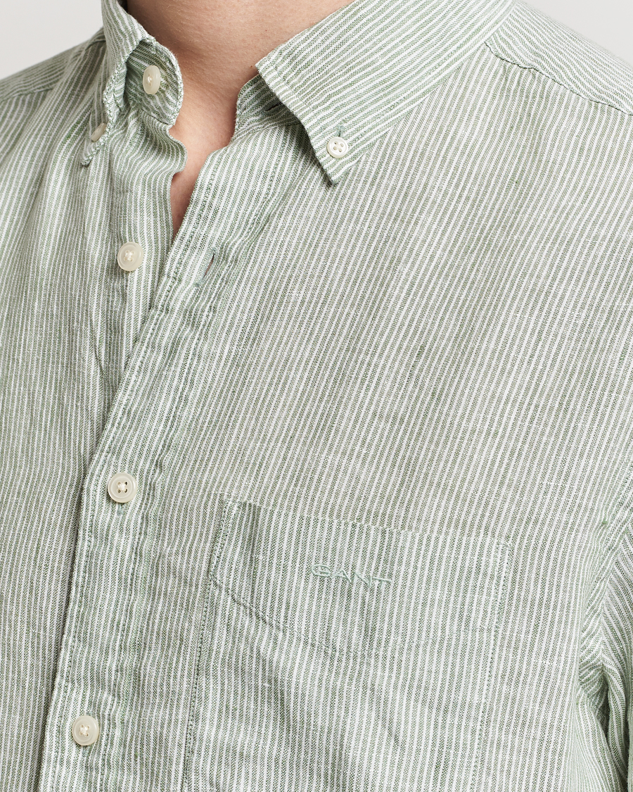 Mies | Kauluspaidat | Gant | Regular Fit Striped Linen Short Sleeve Shirt Green/White