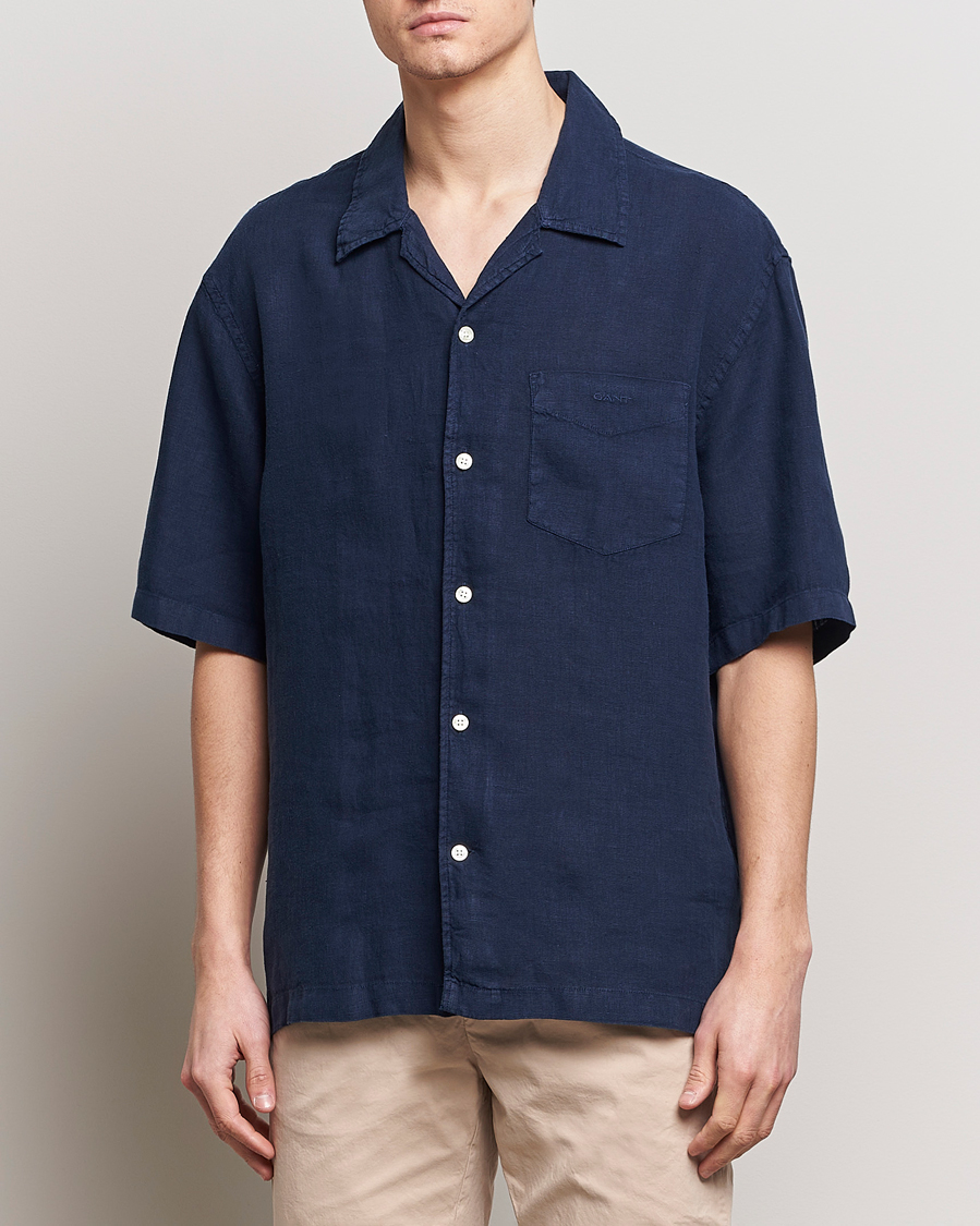 Herre | Kortærmede skjorter | GANT | Relaxed Fit Linen Resort Short Sleeve Shirt Marine