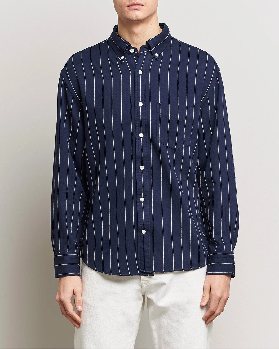 Men | Casual Shirts | GANT | Relaxed Fit Slub Striped Shirt Classic Blue