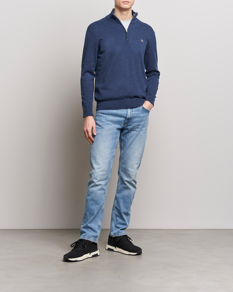 Mies | Puserot | GANT | Classic Cotton Half Zip Dark Jeans Blue Melange