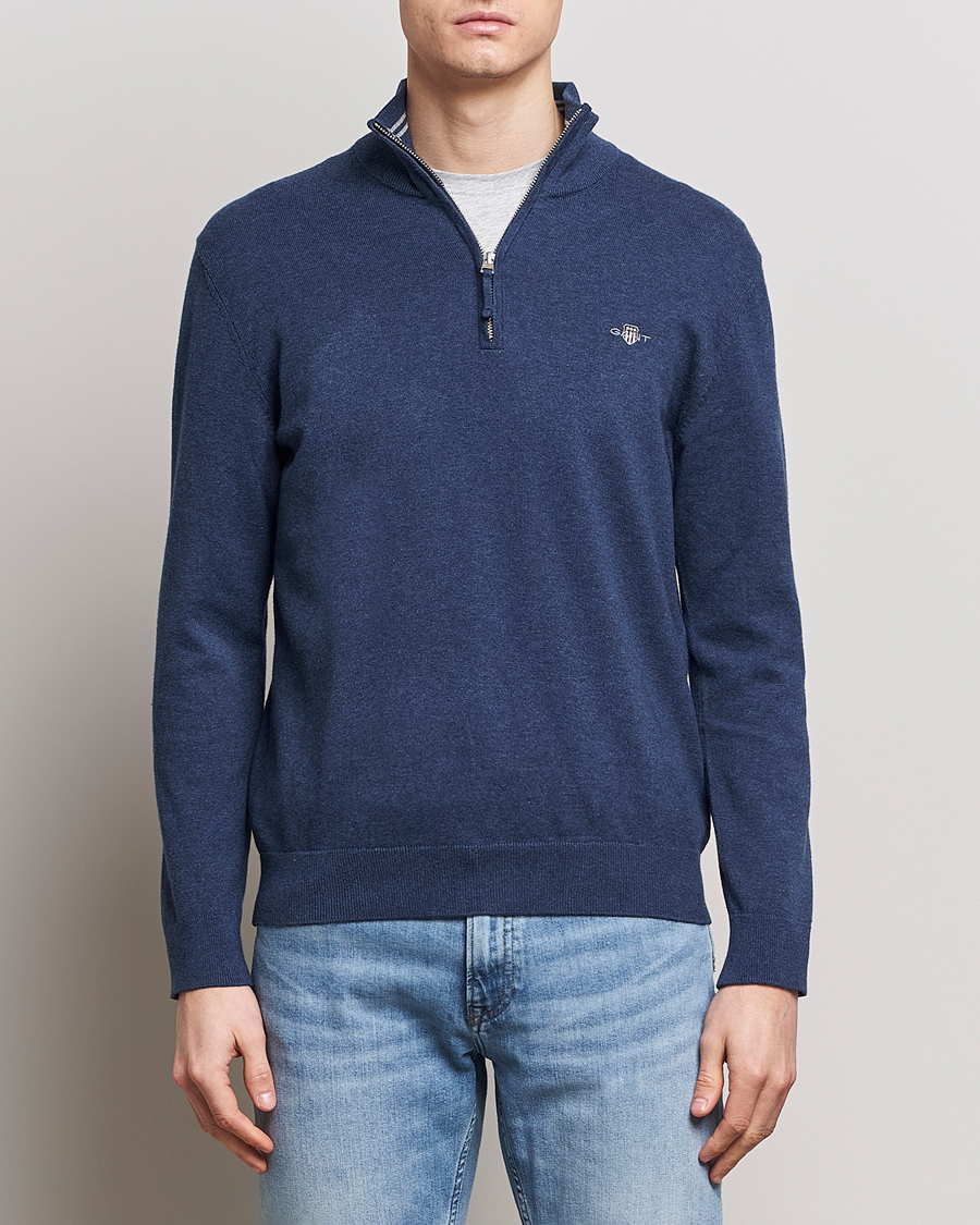 Mies | Puserot | GANT | Classic Cotton Half Zip Dark Jeans Blue Melange