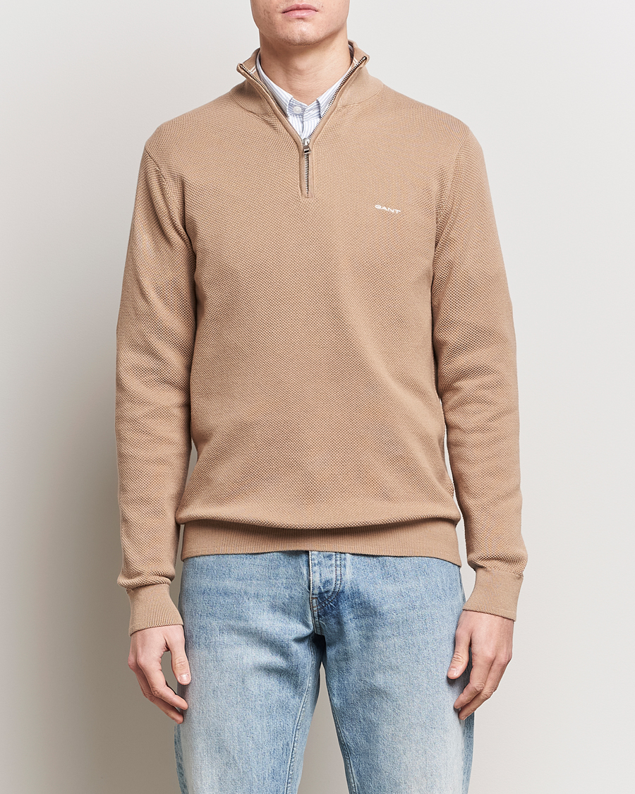Mies | Puserot | GANT | Cotton Pique Half-Zip Sweater Dark Khaki