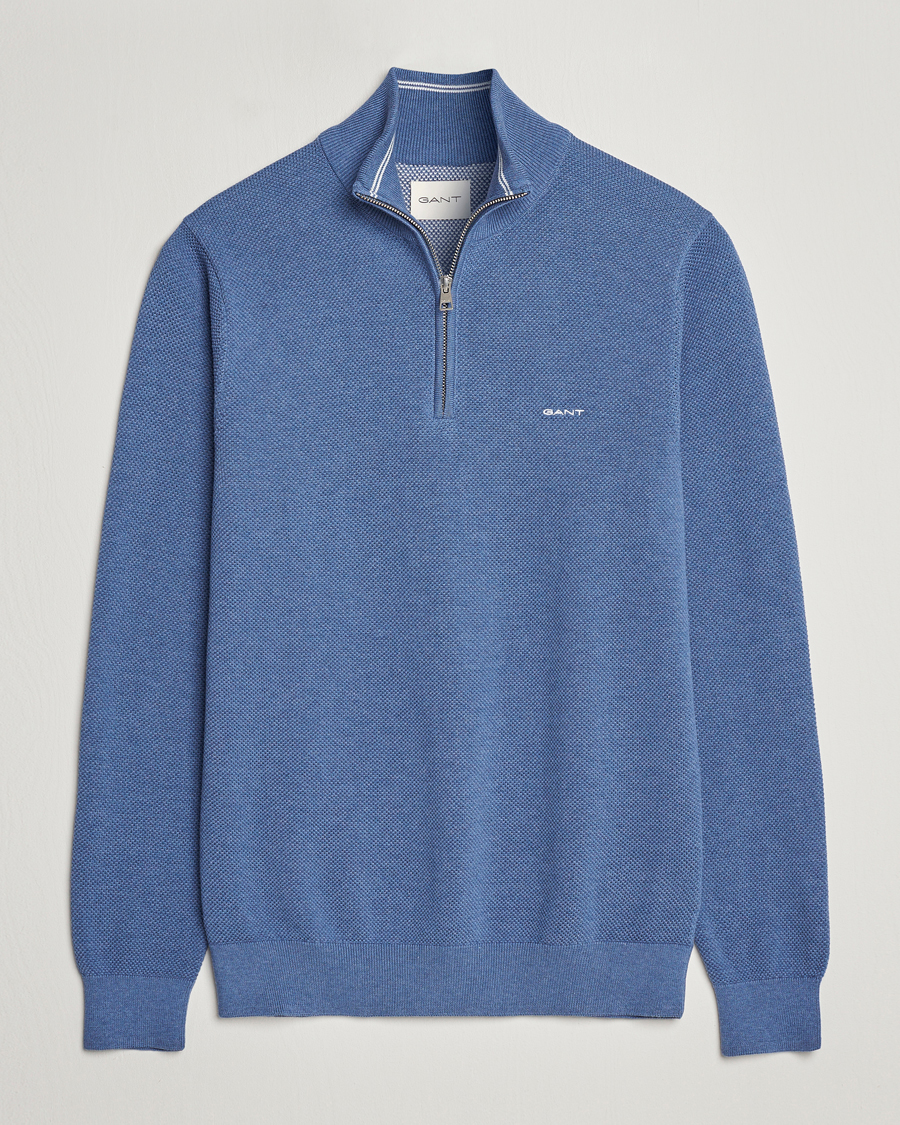 Mies | Puserot | GANT | Cotton Pique Half-Zip Sweater Denim Blue Melange