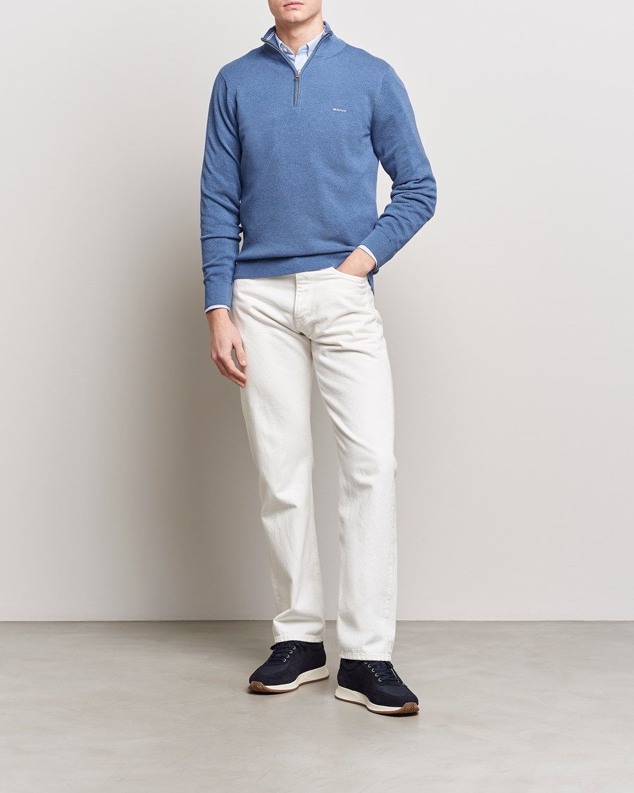 Mies | Puserot | GANT | Cotton Pique Half-Zip Sweater Denim Blue Melange