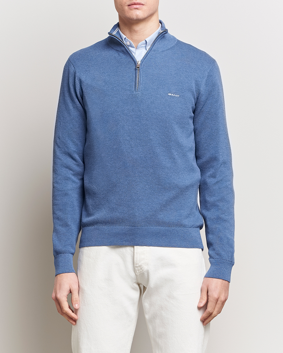 Mies | Puserot | GANT | Cotton Pique Half-Zip Sweater Denim Blue Melange