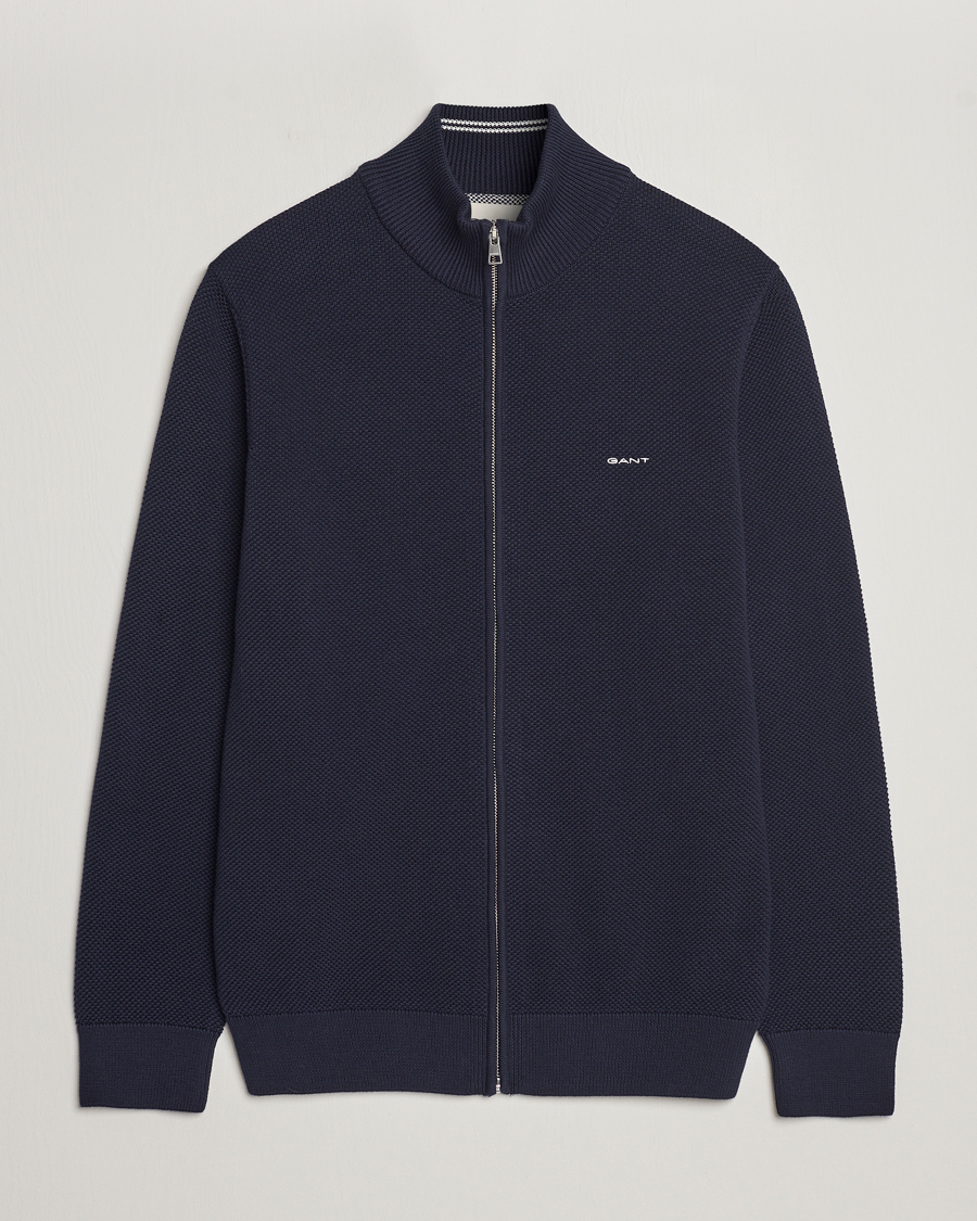 Mies | Puserot | GANT | Cotton Pique Full-Zip Sweater Evening Blue