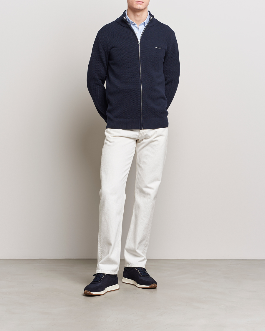 Mies | Puserot | GANT | Cotton Pique Full-Zip Sweater Evening Blue