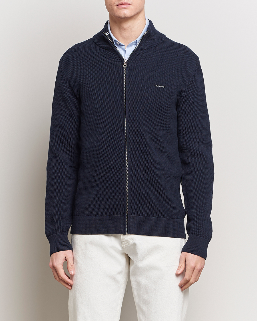 Mies | Vaatteet | GANT | Cotton Pique Full-Zip Sweater Evening Blue