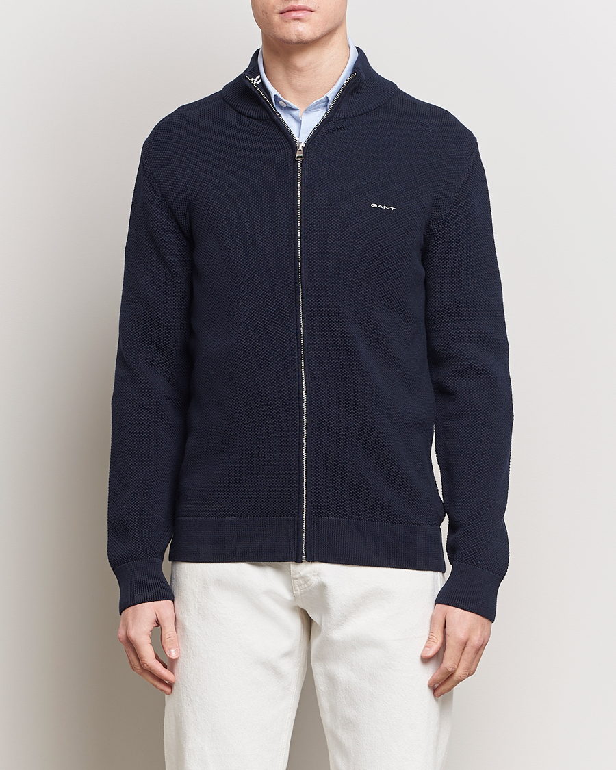 Mies | Puserot | GANT | Cotton Pique Full-Zip Sweater Evening Blue