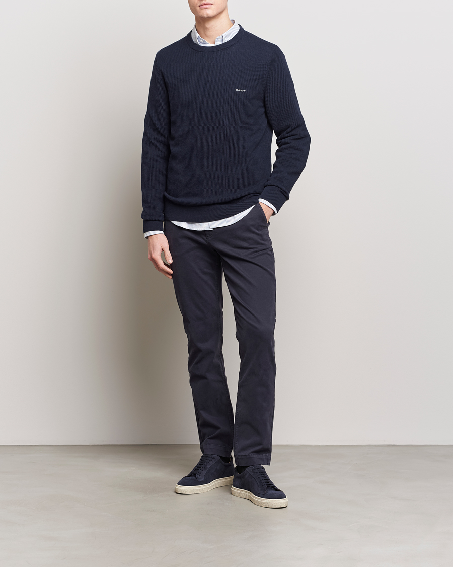 Mies | Puserot | GANT | Cotton Pique Crew Neck Sweater Evening Blue