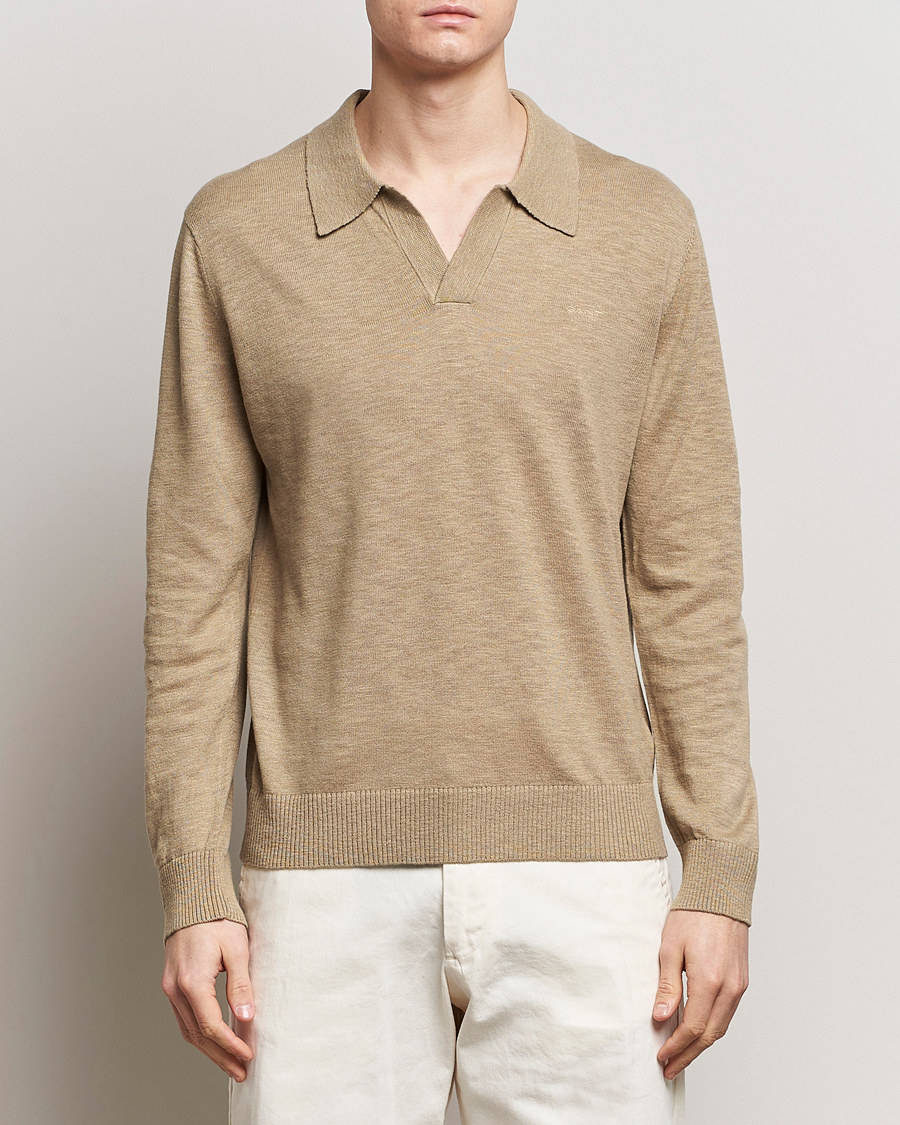 Mies | Alennusmyynti | GANT | Cotton/Linen Knitted Polo Dried Clay