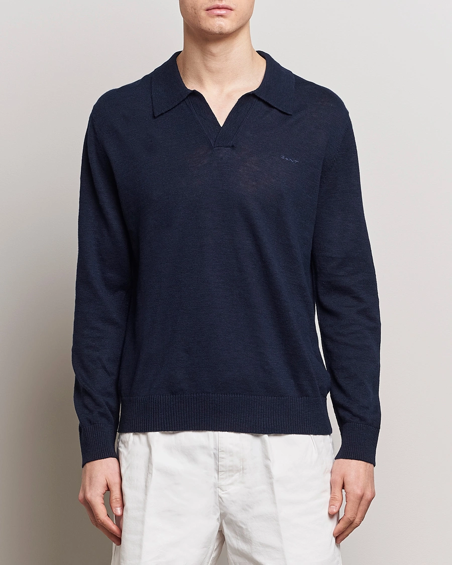 Mies | Puserot | GANT | Cotton/Linen Knitted Polo Evening Blue