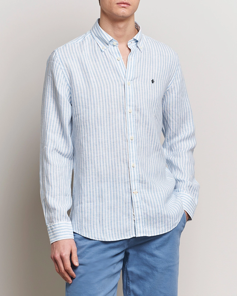 Mies | Morris | Morris | Douglas Linen Stripe Shirt Light Blue