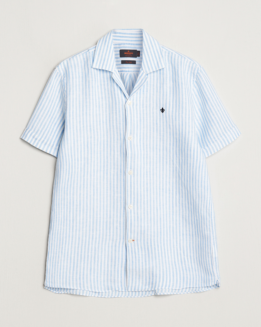 Mies | Kauluspaidat | Morris | Striped Resort Linen Short Sleeve Shirt Light Blue