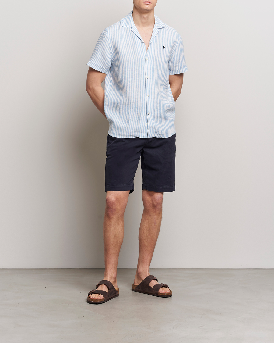 Mies | Kauluspaidat | Morris | Striped Resort Linen Short Sleeve Shirt Light Blue