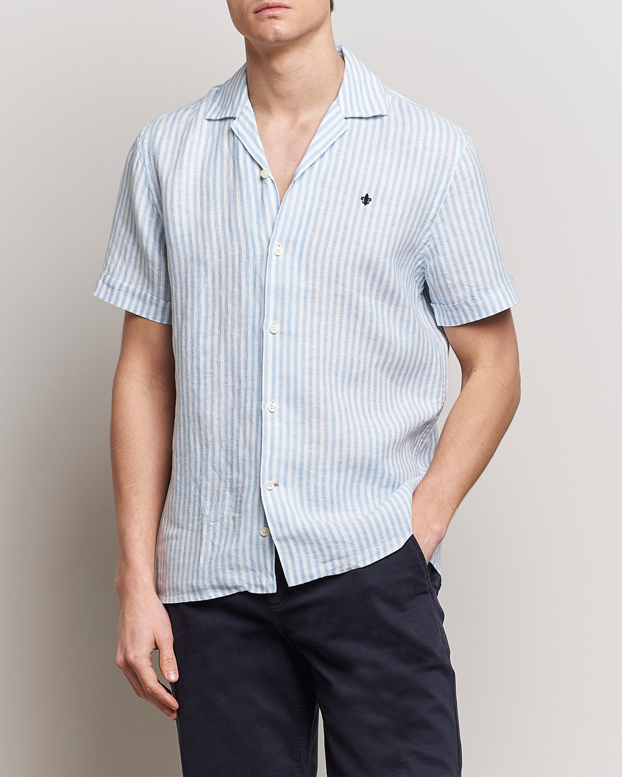 Mies | Uutuudet | Morris | Striped Resort Linen Short Sleeve Shirt Light Blue