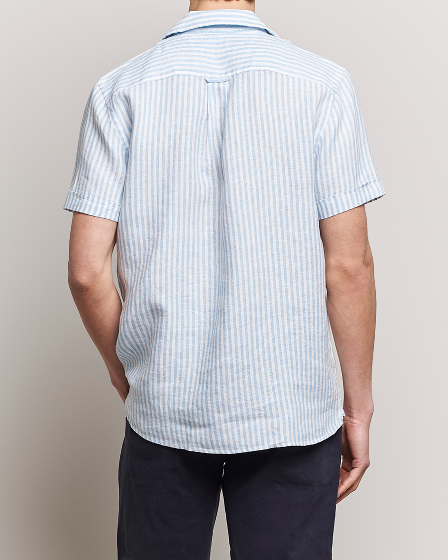 Mies | Kauluspaidat | Morris | Striped Resort Linen Short Sleeve Shirt Light Blue