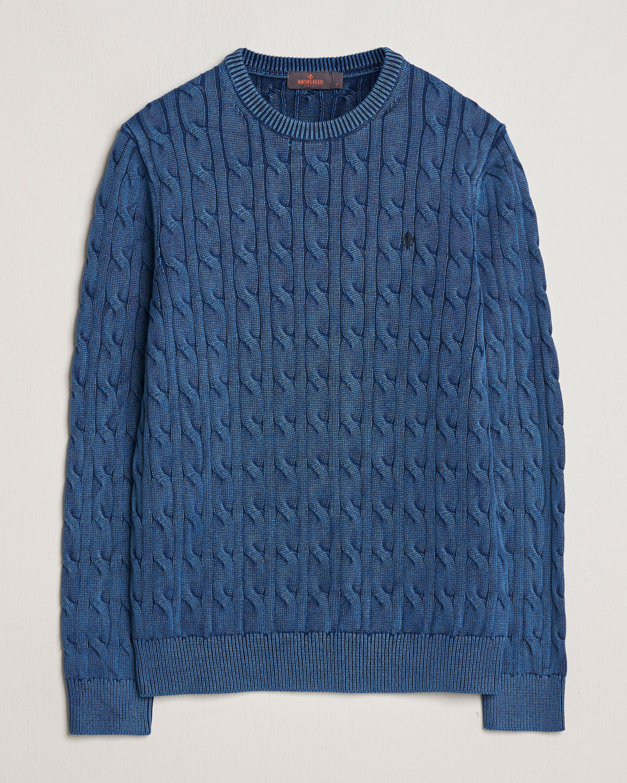 Mies | Puserot | Morris | Ethan Cotton Cable Crew Neck Blue