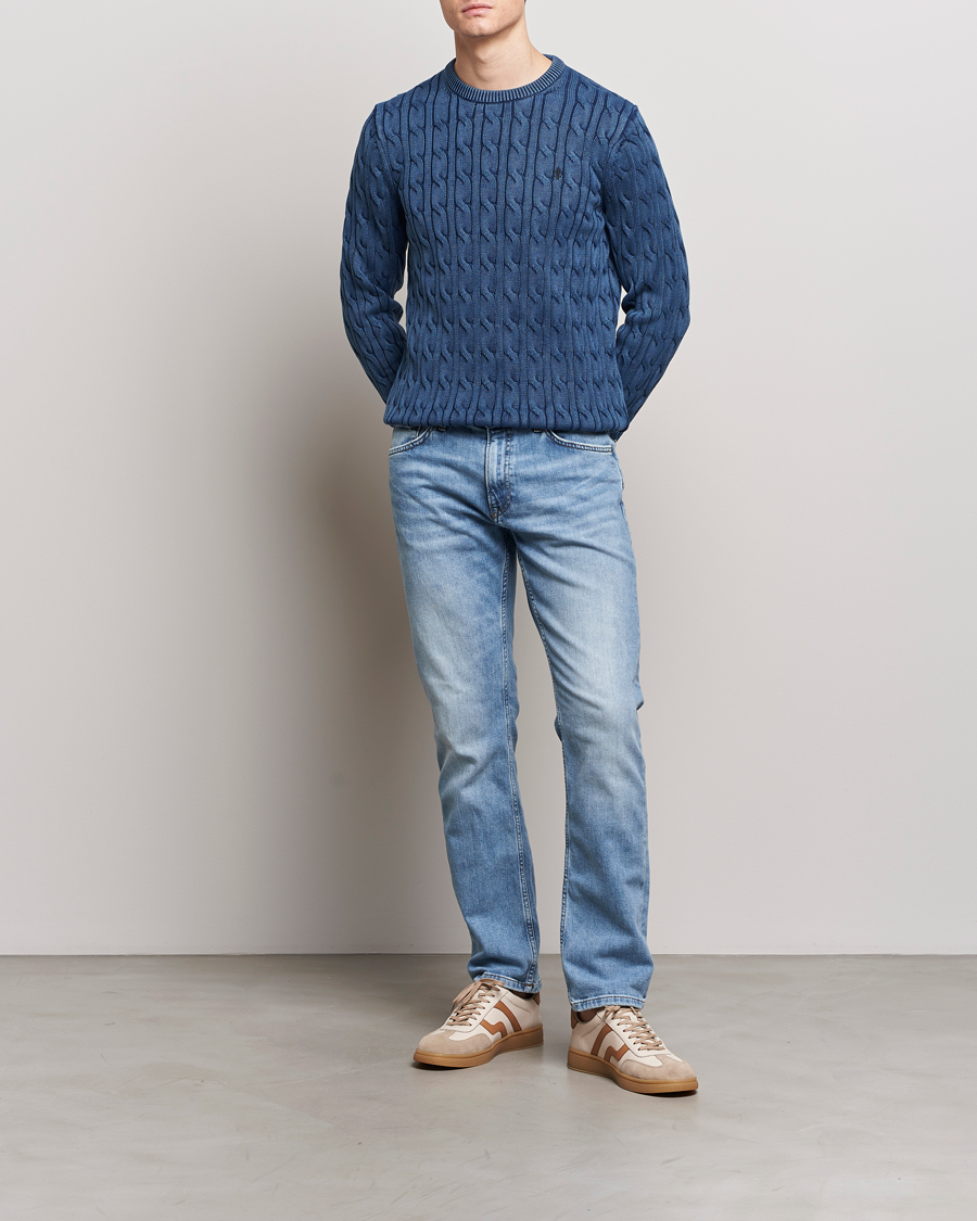 Mies | Puserot | Morris | Ethan Cotton Cable Crew Neck Blue