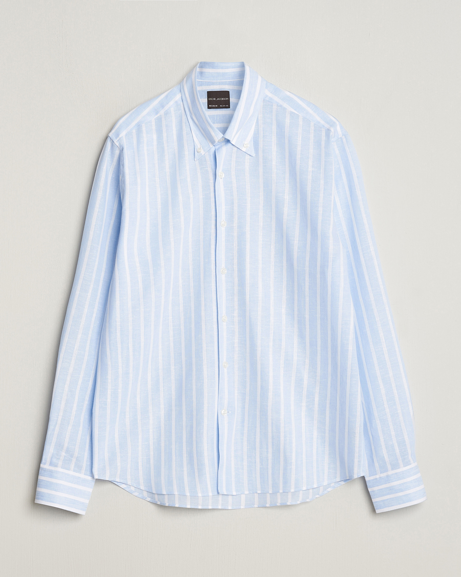 Mies | Kauluspaidat | Oscar Jacobson | Regular Fit Striped Linen Shirt Light Blue