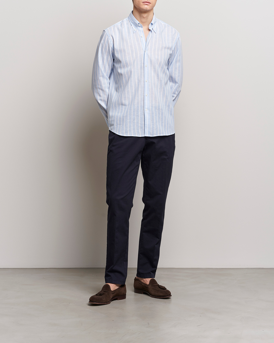 Mies | Kauluspaidat | Oscar Jacobson | Regular Fit Striped Linen Shirt Light Blue