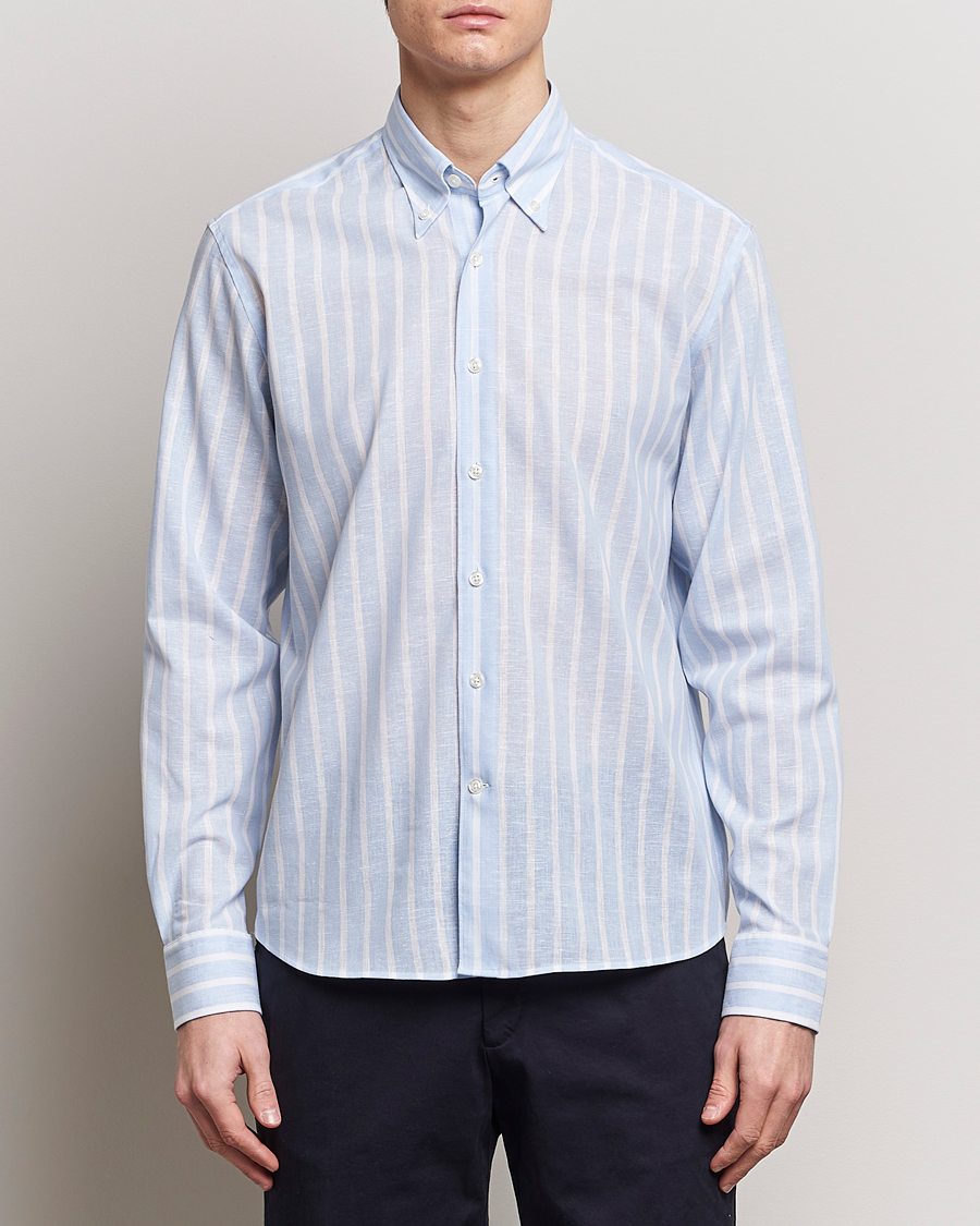 Mies | Business & Beyond | Oscar Jacobson | Regular Fit Striped Linen Shirt Light Blue
