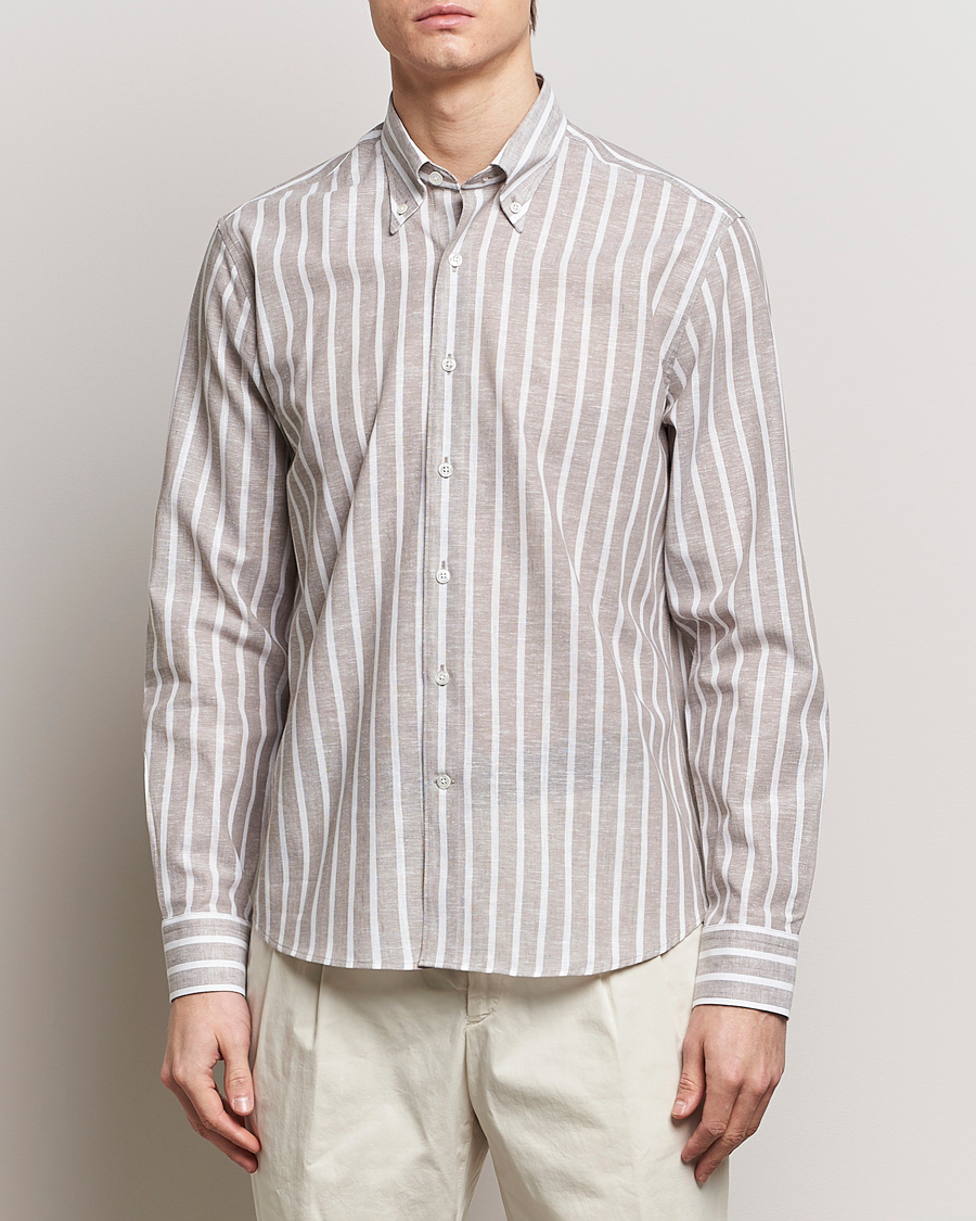 Mies | Kauluspaidat | Oscar Jacobson | Regular Fit Striped Linen Shirt Brown