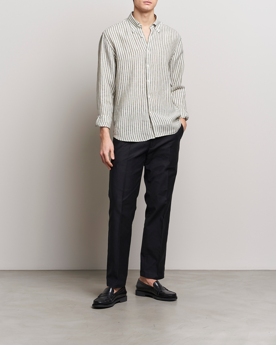 Mies | Kauluspaidat | Oscar Jacobson | Regular Fit Dress Stripe Linen Shirt Green