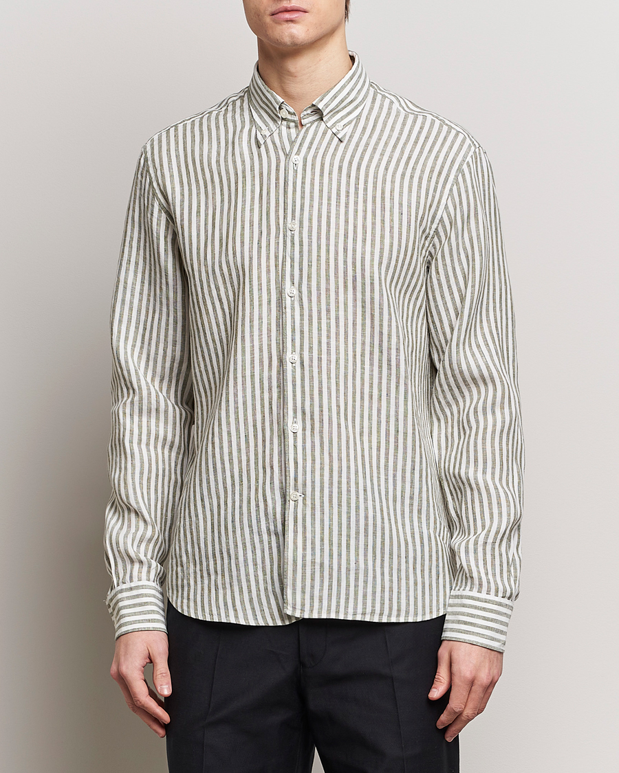 Mies |  | Oscar Jacobson | Regular Fit Dress Stripe Linen Shirt Green