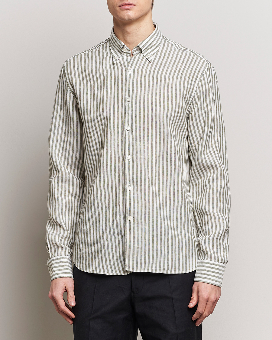 Mies | Kauluspaidat | Oscar Jacobson | Regular Fit Dress Stripe Linen Shirt Green