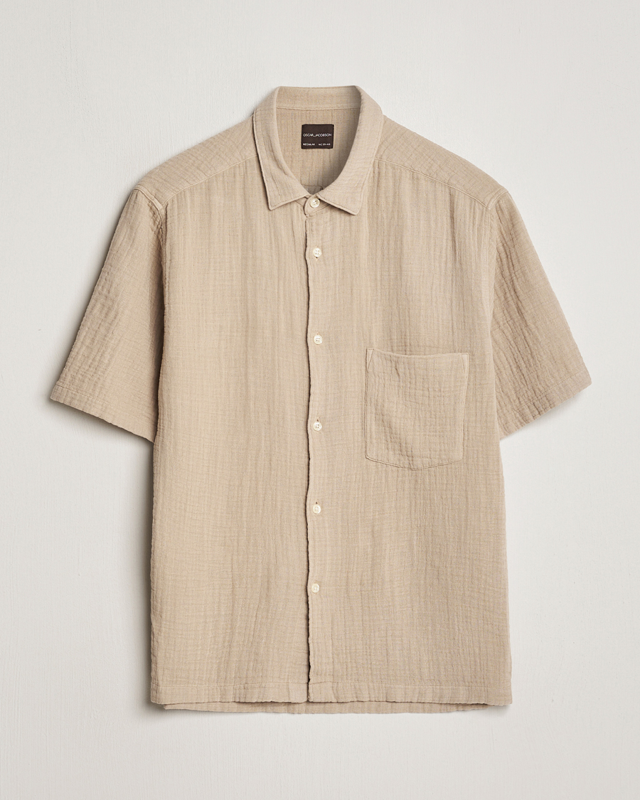 Mies | Kauluspaidat | Oscar Jacobson | Short Sleeve City Crepe Cotton Shirt Beige