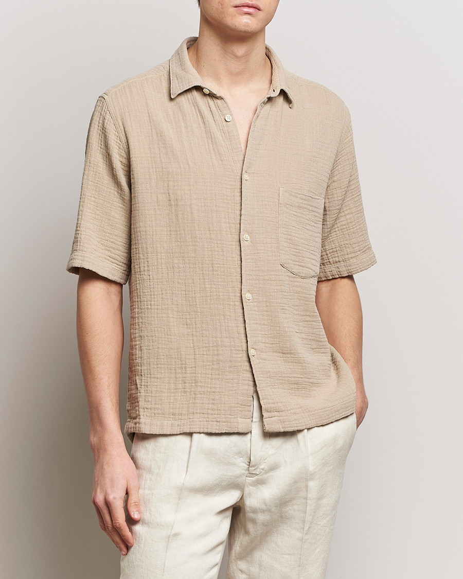 Mies | Rennot | Oscar Jacobson | Short Sleeve City Crepe Cotton Shirt Beige