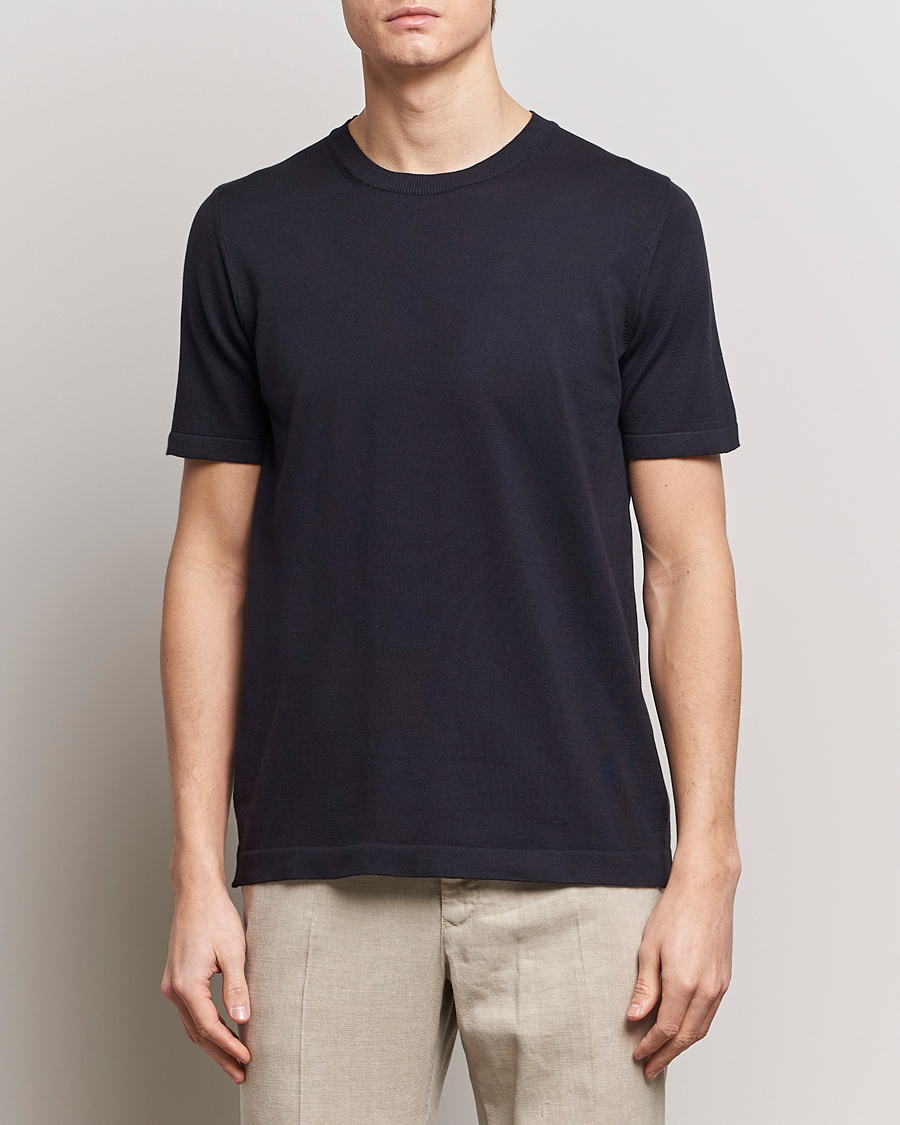 Mies | Lyhythihaiset t-paidat | Oscar Jacobson | Brian Knitted Cotton T-Shirt Navy